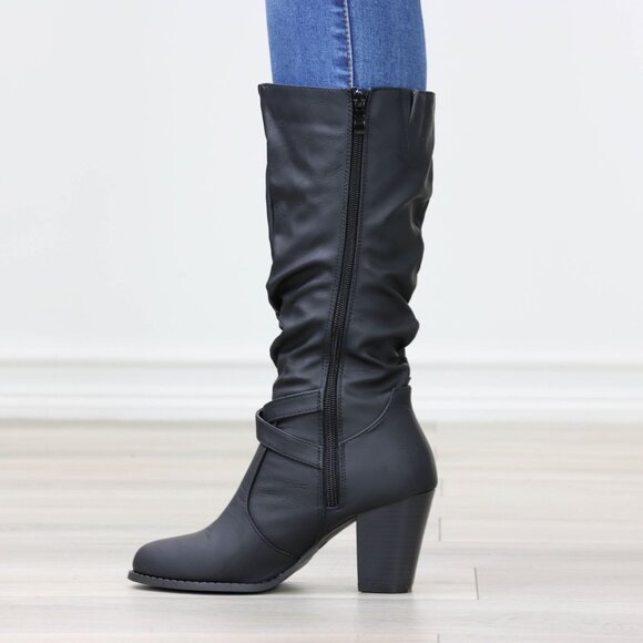 Black Mid Calf Block Heeled Boots Synthetic Leather Pointed Toe Womens - Picture 13 of 16